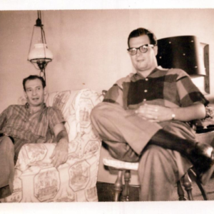 Don Alan and Harry Blackstone Jr, taken at Dick Stoner's home in Fort Wayne, Indiana. Don and Dick helped Harry learn some of his father's illusions when he wanted to get into magic.